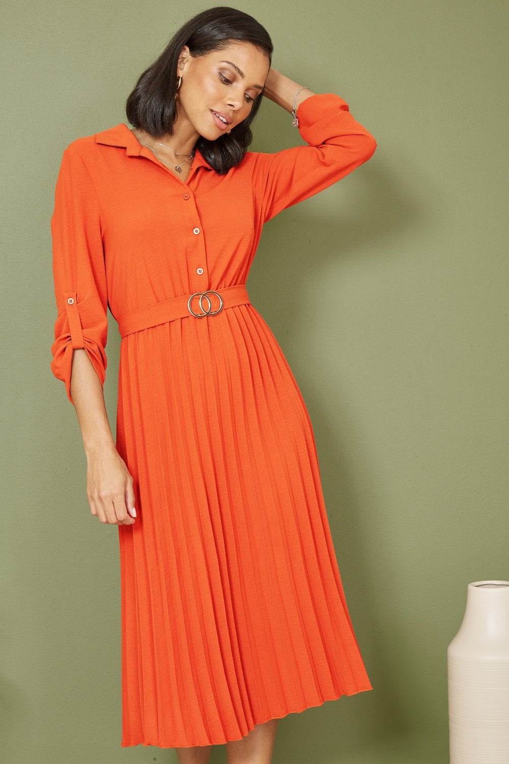 Mela Burnt Orange Pleated Skirt Midi Dress With Gold Buckle Yumi