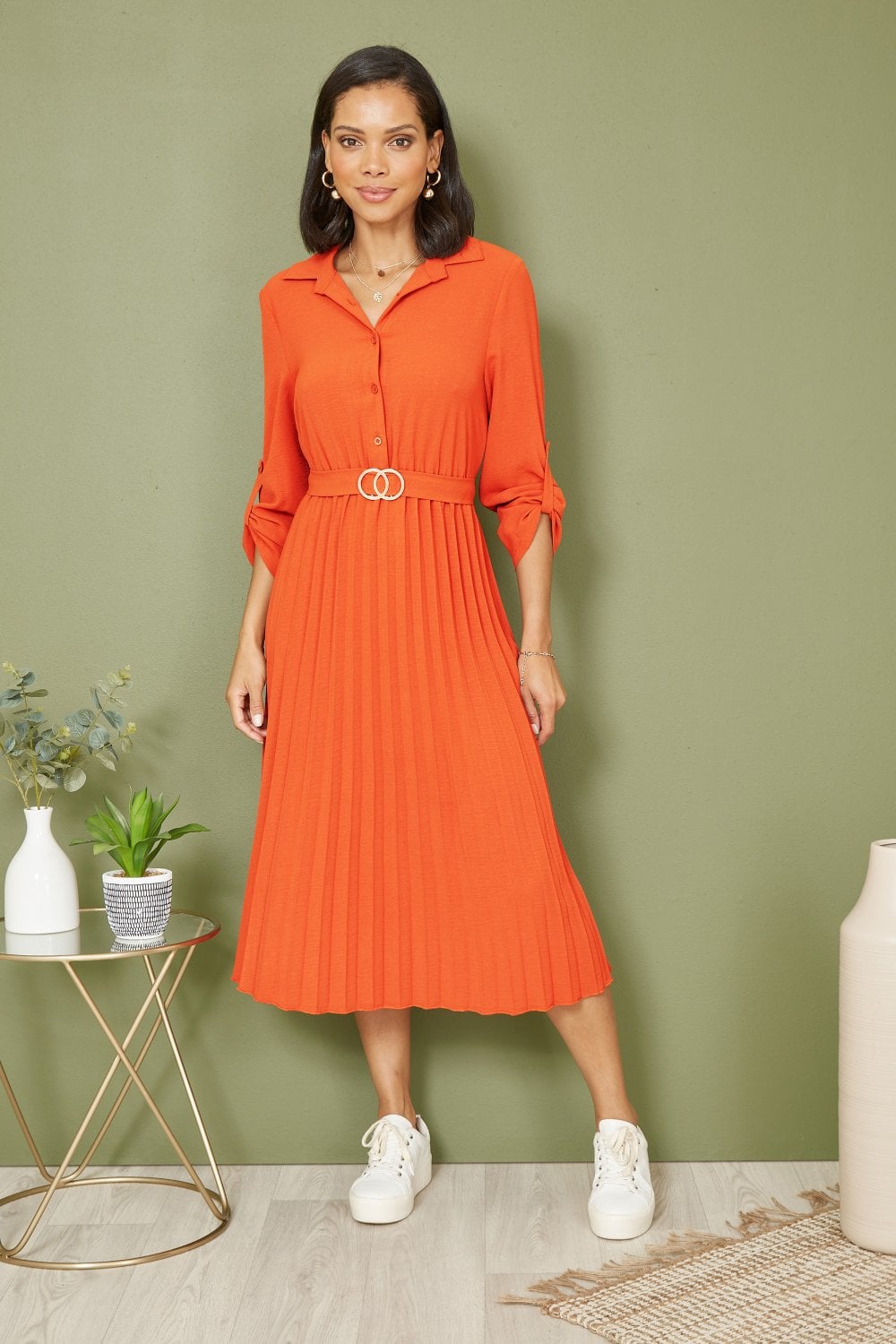 Mela Burnt Orange Pleated Skirt Midi Dress With Gold Buckle Yumi