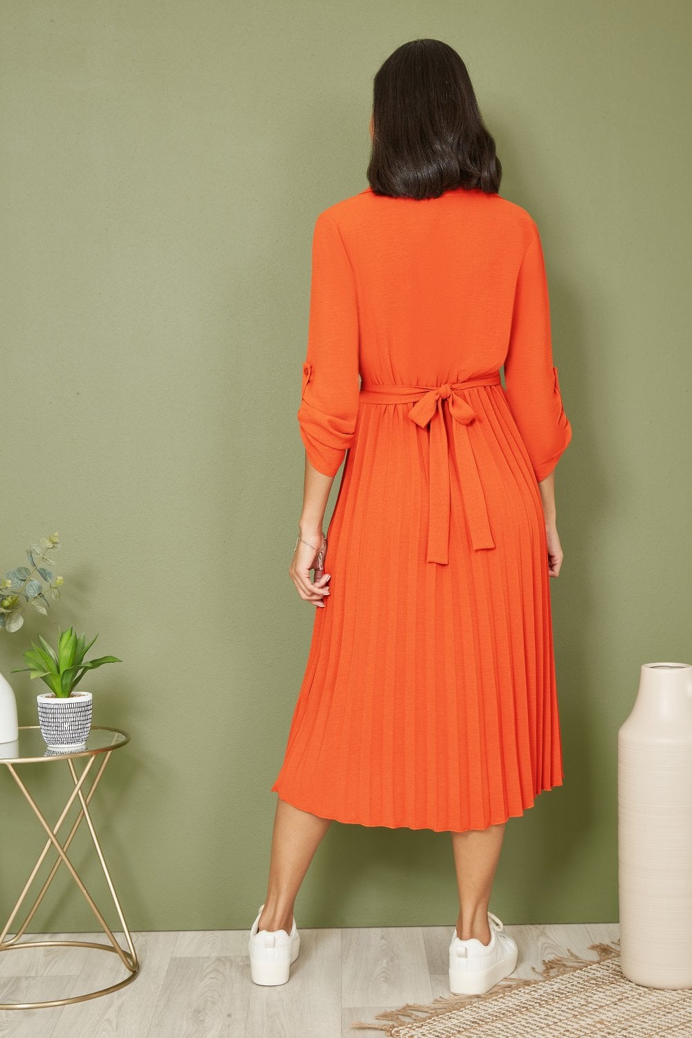 Mela Burnt Orange Pleated Skirt Midi Dress With Gold Buckle Yumi