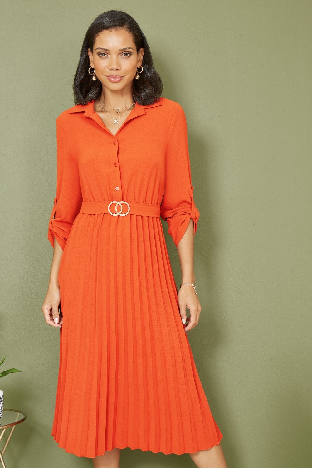 Mela Burnt Orange Pleated Skirt Midi Dress With Gold Buckle Yumi