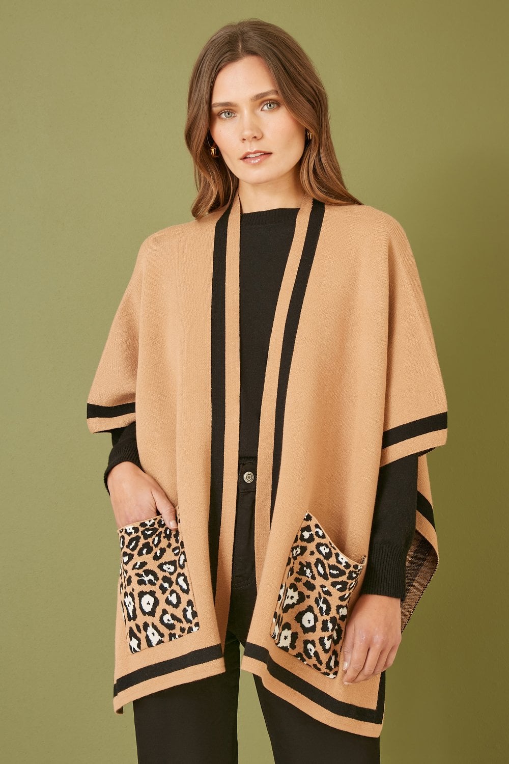 Mela Camel Leopard Print Pocket Knitted Cape Mela