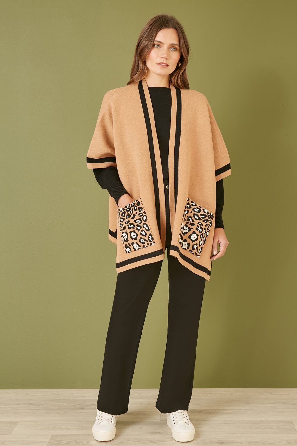 Mela Camel Leopard Print Pocket Knitted Cape Mela