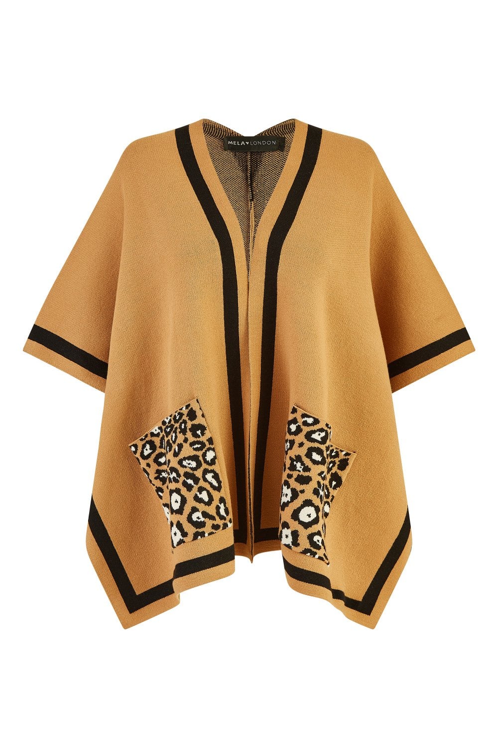 Mela Camel Leopard Print Pocket Knitted Cape Mela