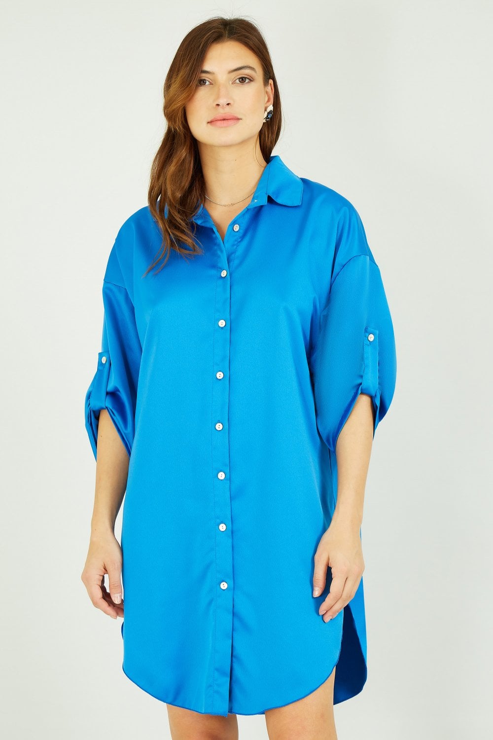 Mela Cobalt Blue Satin Relaxed Shirt Dress Yumi