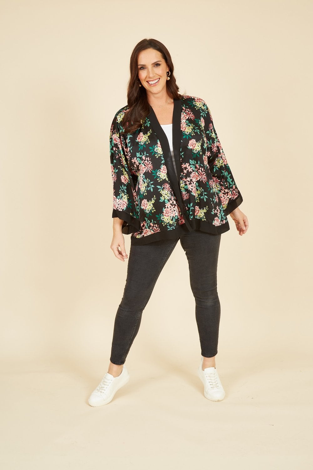 Mela Curve Black Floral Satin Kimono Mela