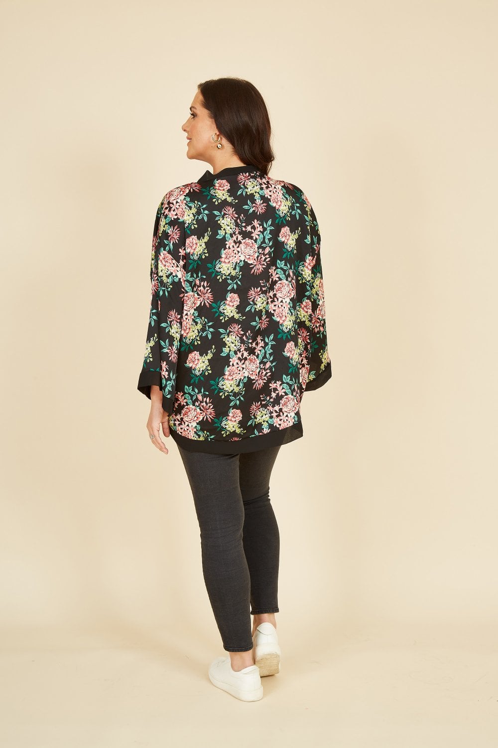 Mela Curve Black Floral Satin Kimono Mela