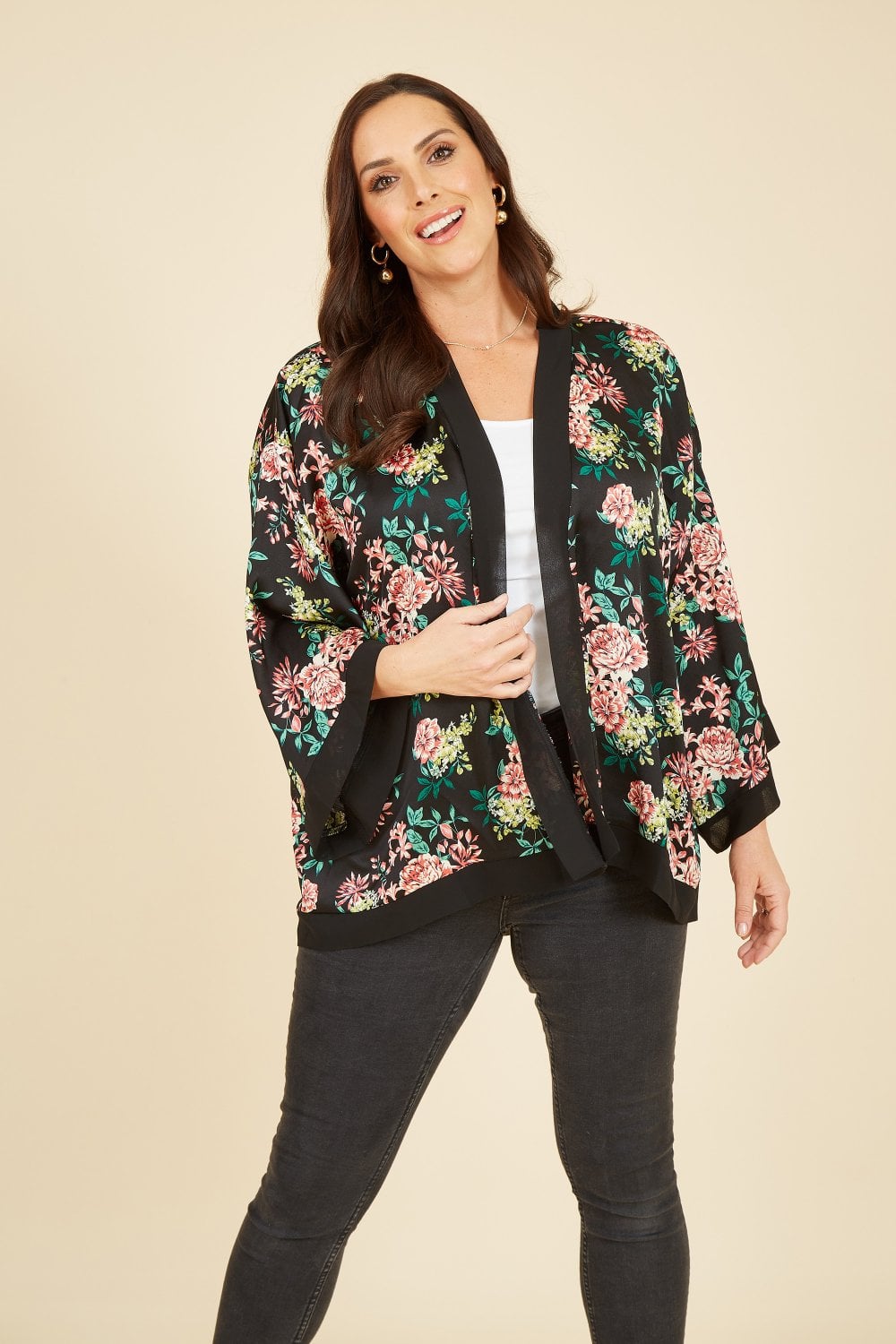 Mela Curve Black Floral Satin Kimono Mela