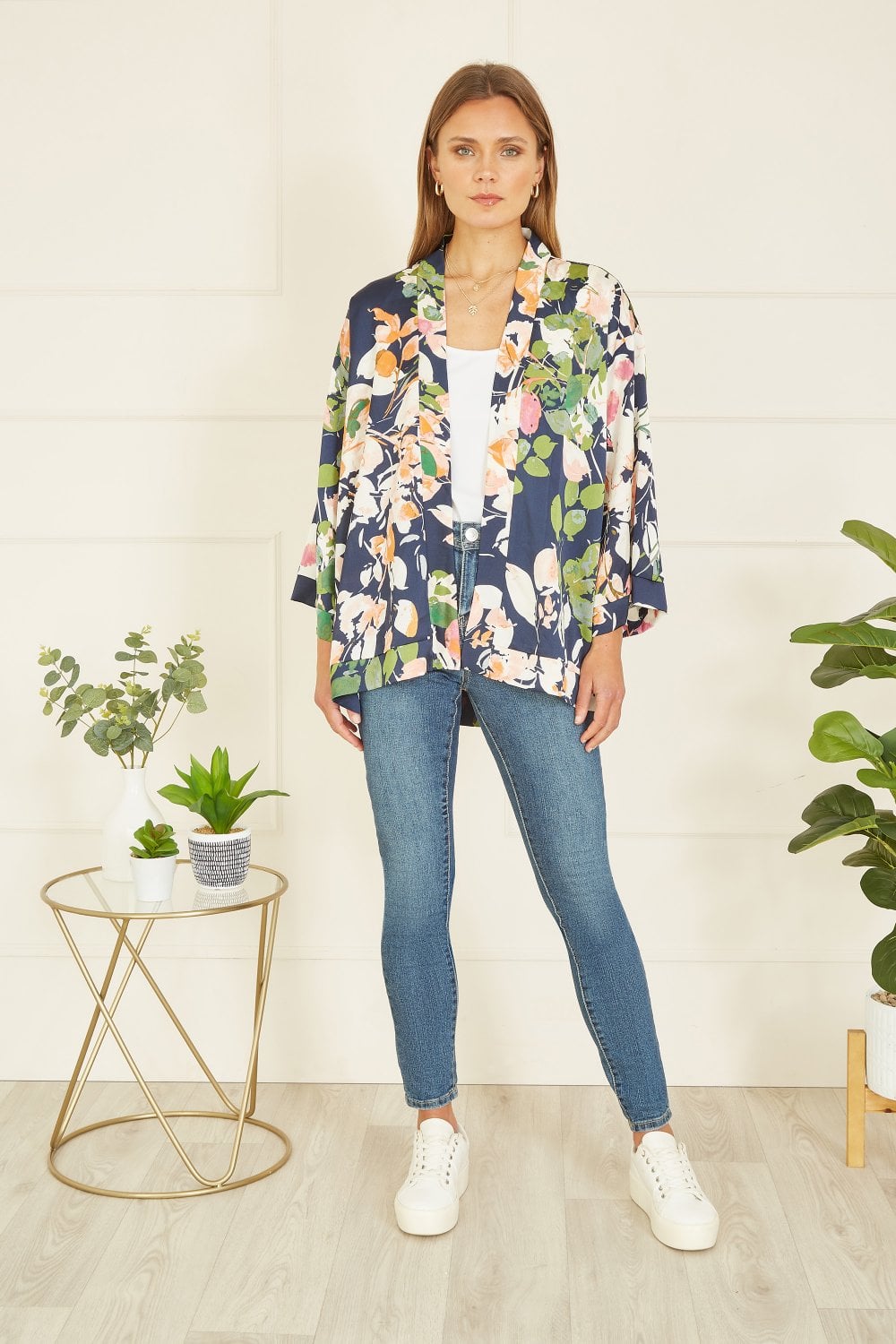 Mela Curve Navy Blossom Print Satin Kimono Mela