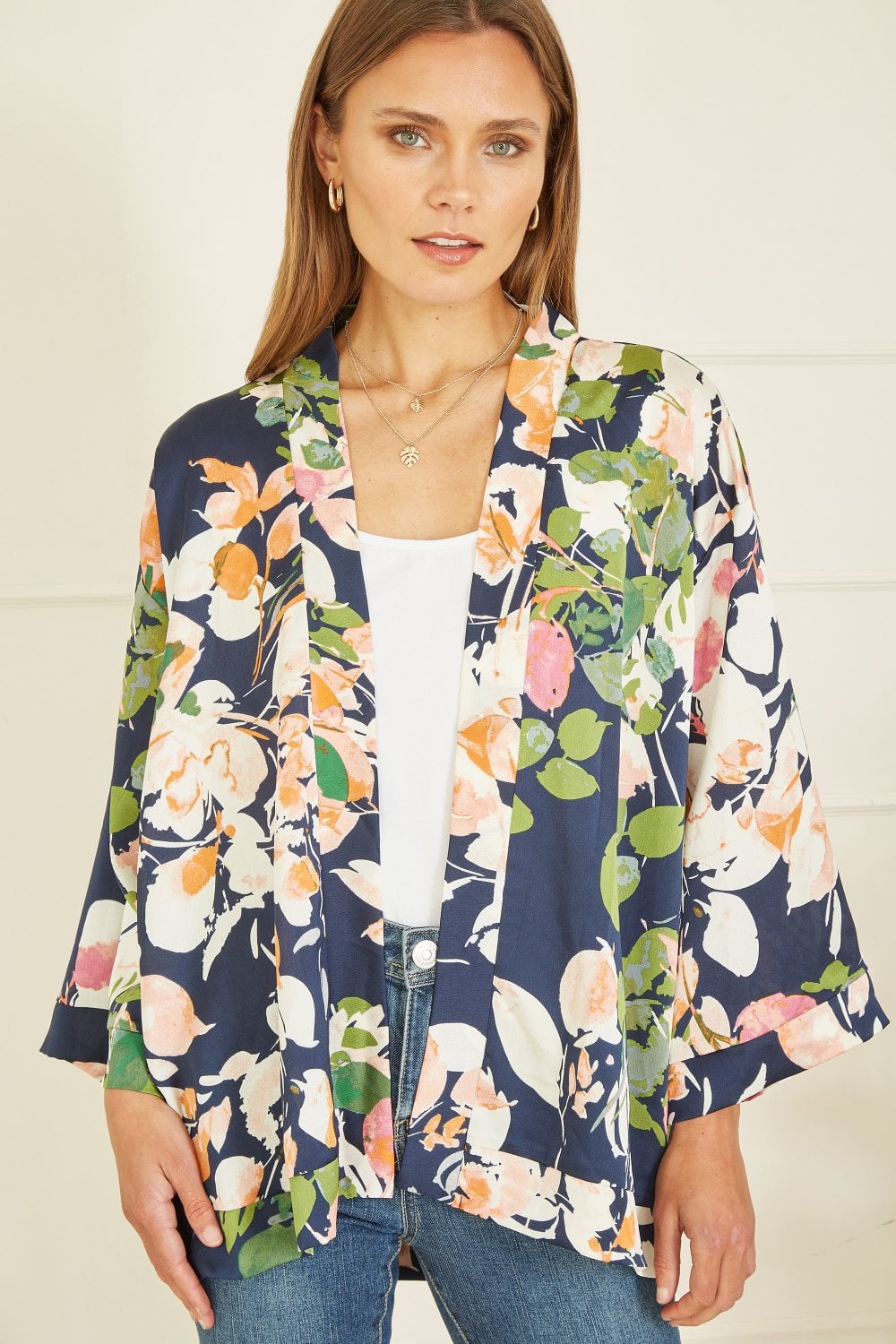 Mela Curve Navy Blossom Print Satin Kimono Mela