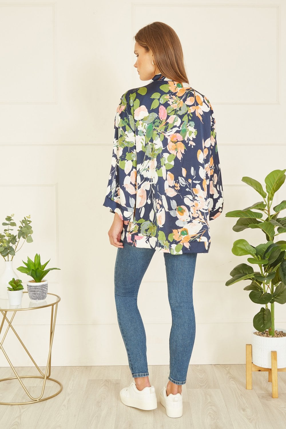 Mela Curve Navy Blossom Print Satin Kimono Mela