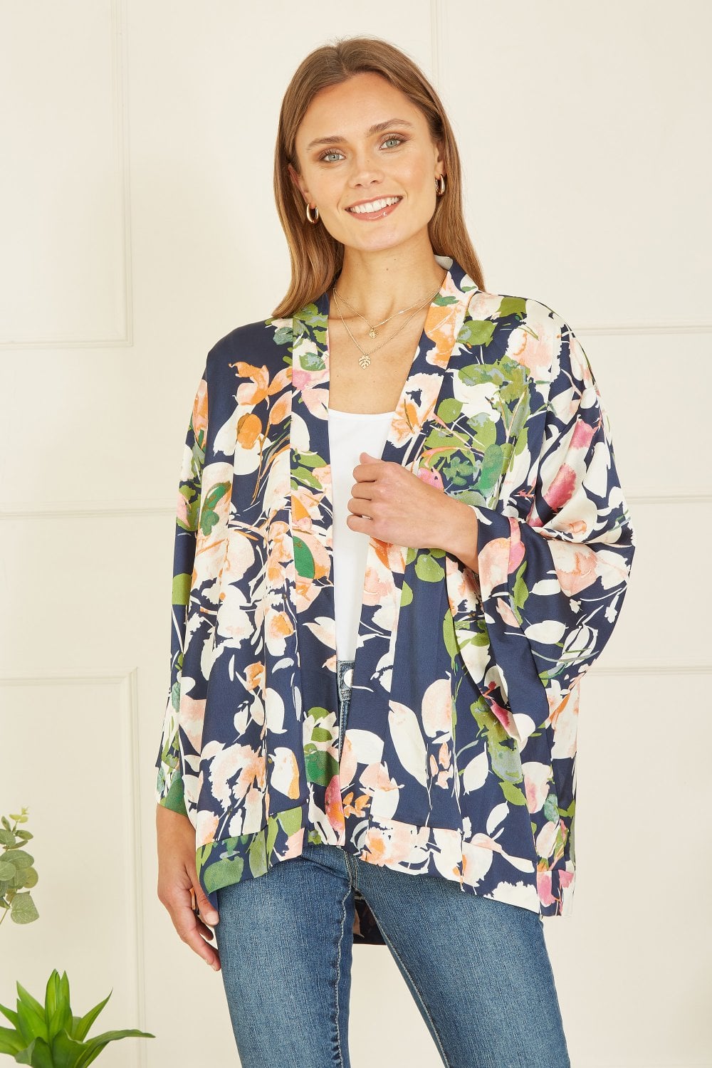 Mela Curve Navy Blossom Print Satin Kimono Mela