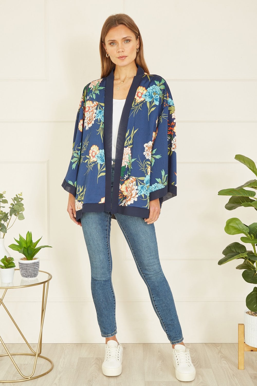 Mela Curve Navy Floral Print Satin Kimono Mela