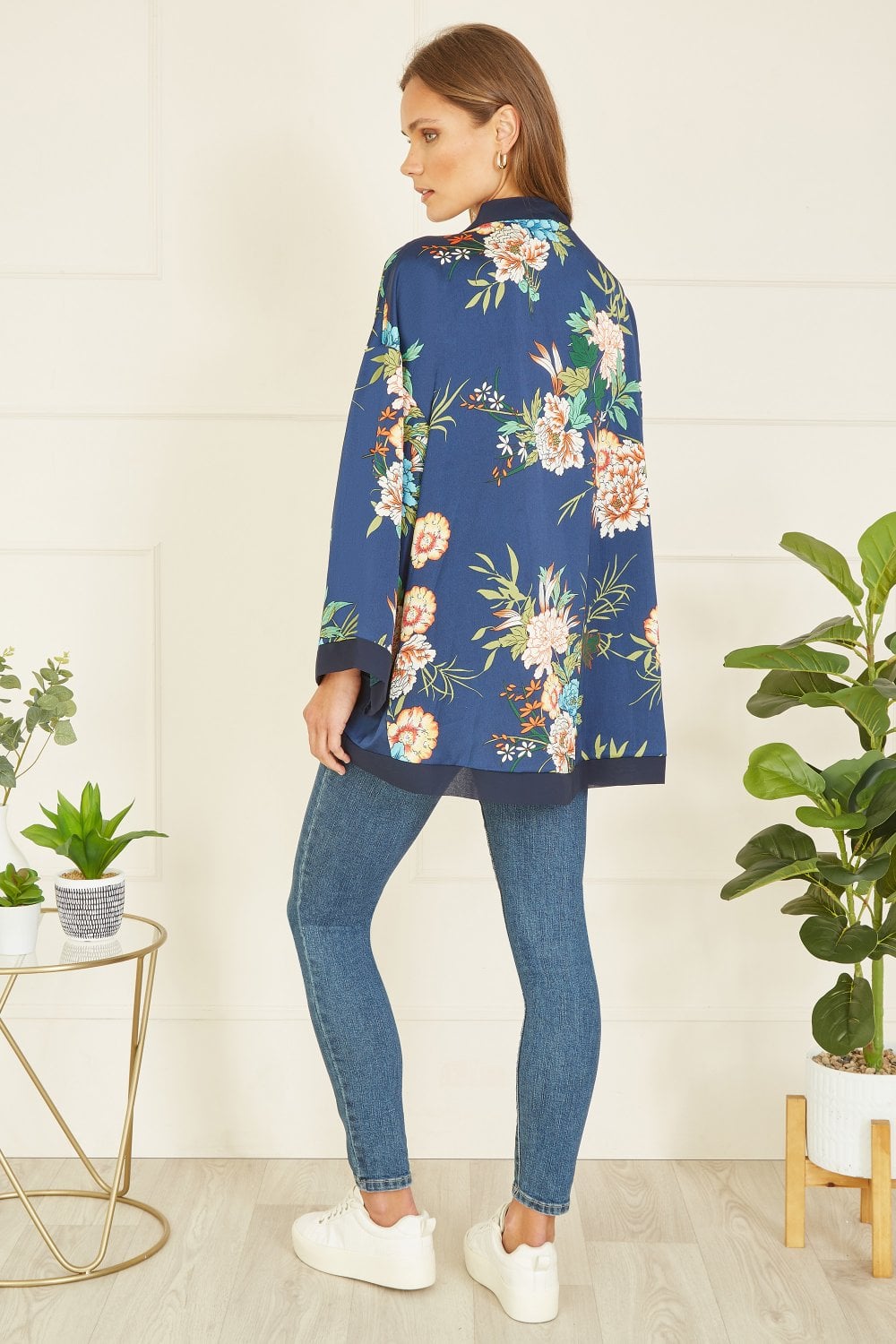 Mela Curve Navy Floral Print Satin Kimono Mela