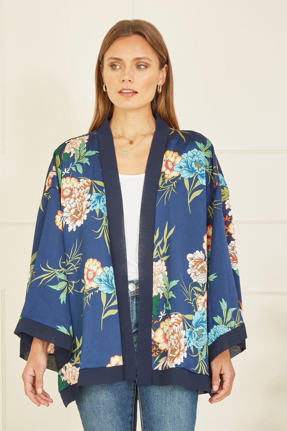 Mela Curve Navy Floral Print Satin Kimono Mela