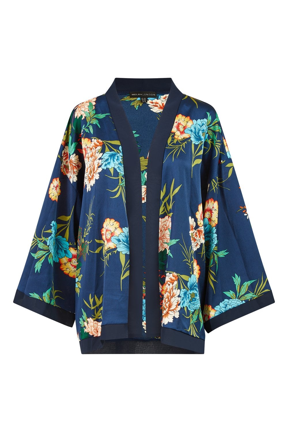 Mela Curve Navy Floral Print Satin Kimono Mela