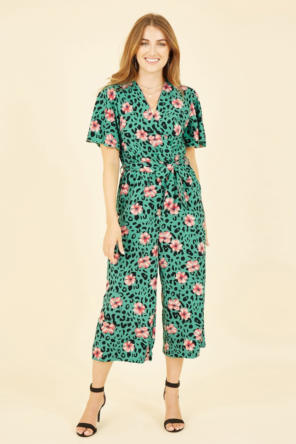 Mela Green Animal Print Jumpsuit With Angel Sleeves Mela