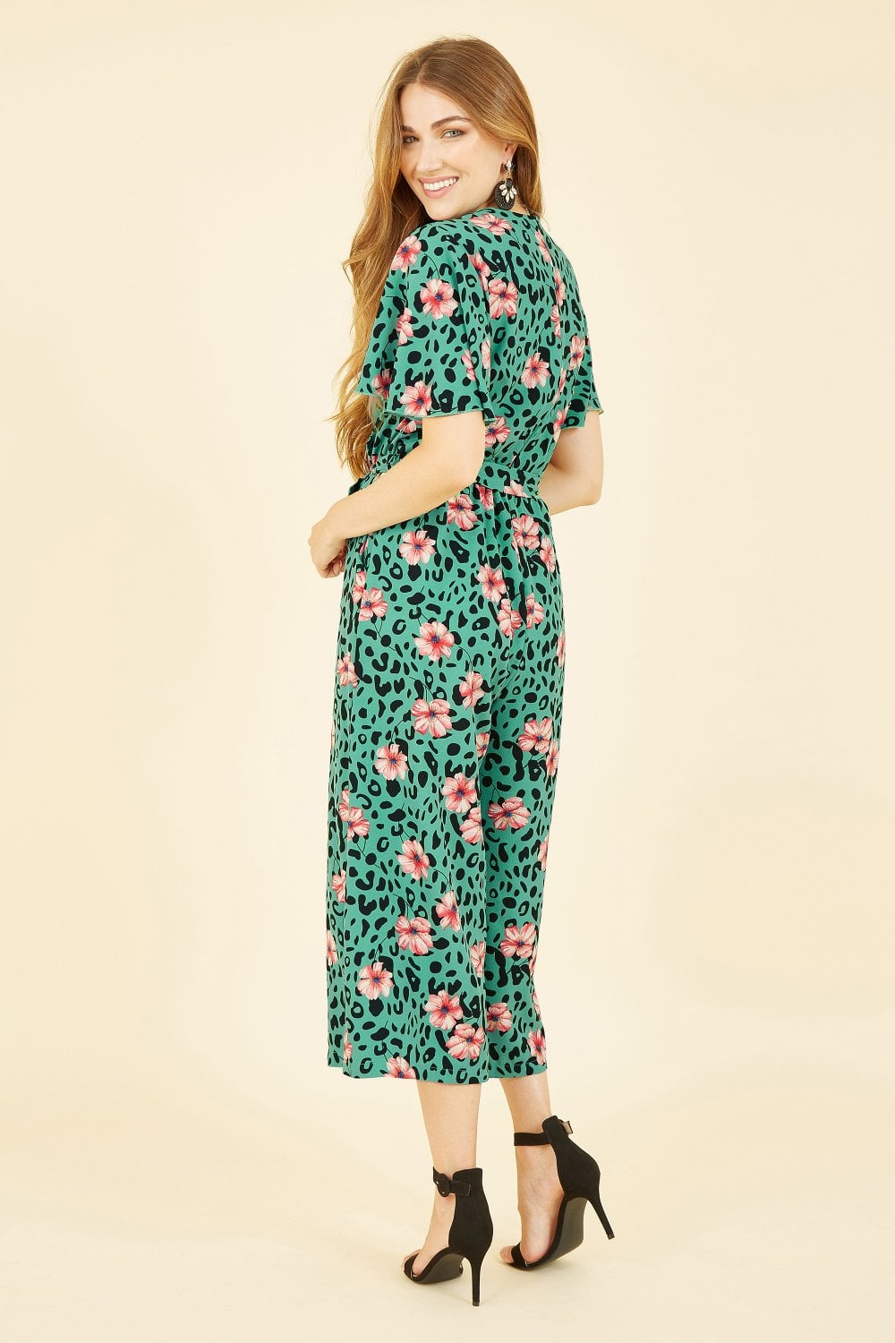 Mela Green Animal Print Jumpsuit With Angel Sleeves Mela