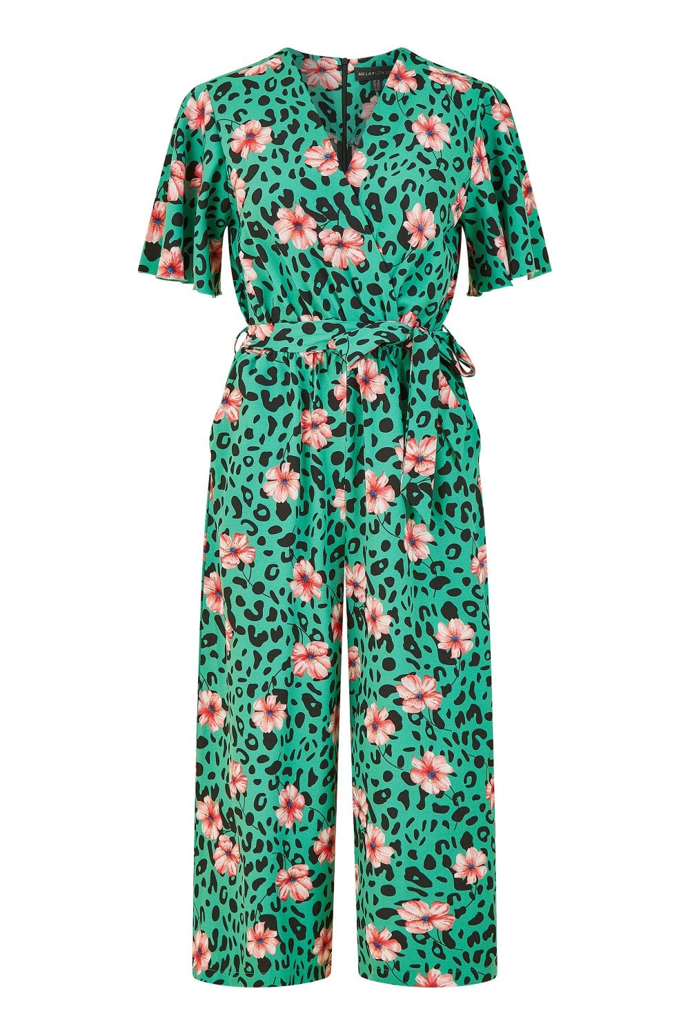 Mela Green Animal Print Jumpsuit With Angel Sleeves Mela