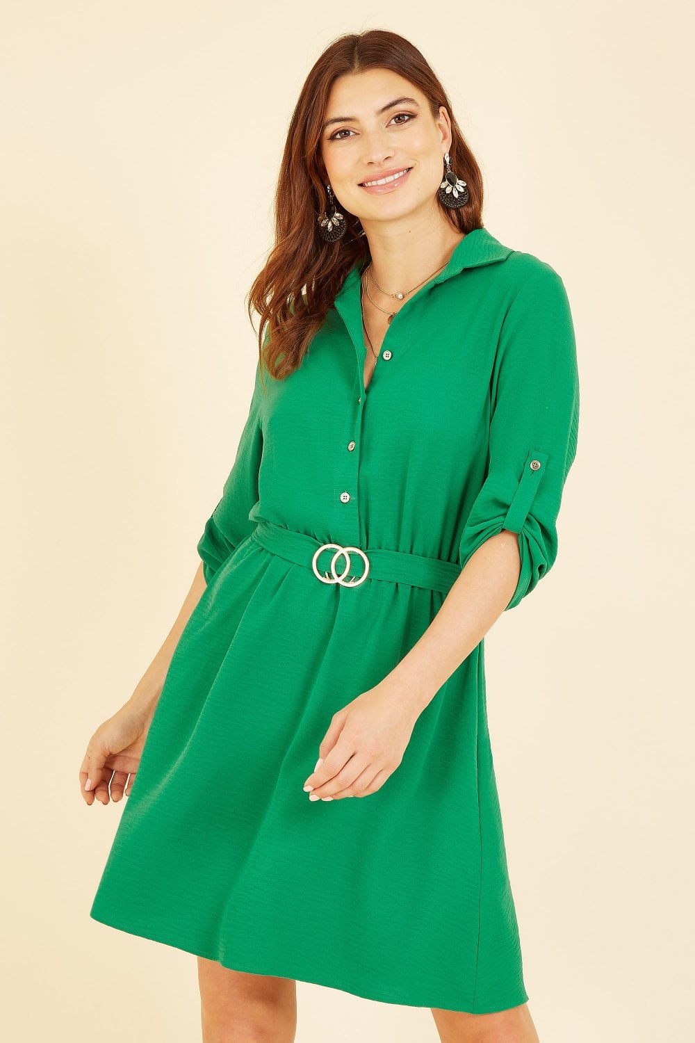 Mela Green Belted Shirt Dress With Gold Buckle Yumi