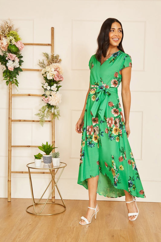 Mela Green Bright Floral Dip Hem Wrap Midi Dress Mela