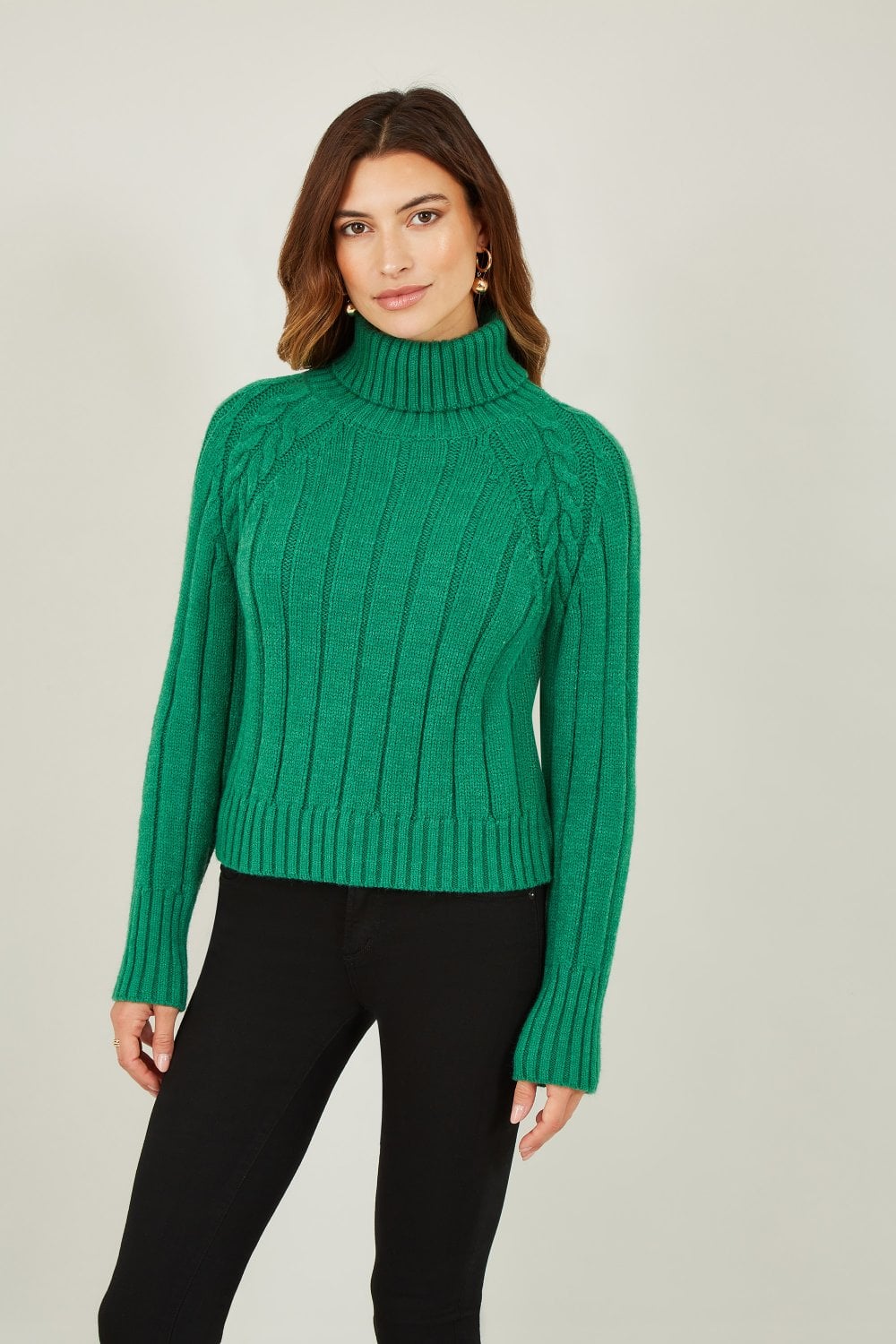 Mela Green Cable Knit Roll Neck Jumper Mela