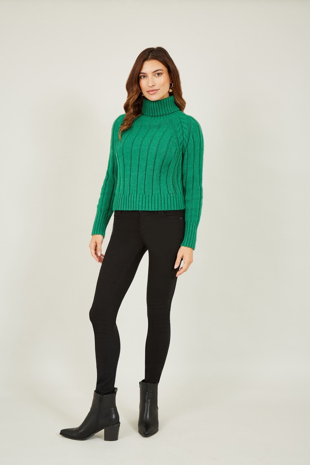 Mela Green Cable Knit Roll Neck Jumper Mela