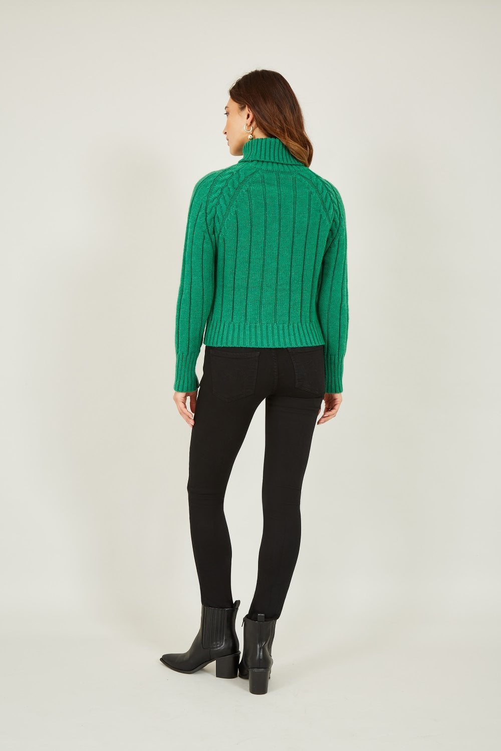 Mela Green Cable Knit Roll Neck Jumper Mela