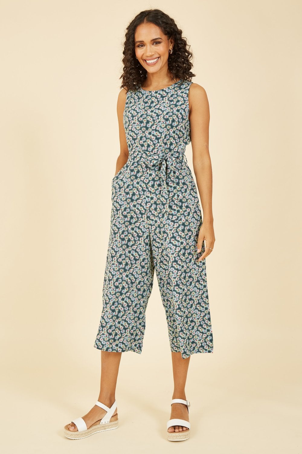 Mela Green Daisy Floral Print Culotte Jumpsuit Mela