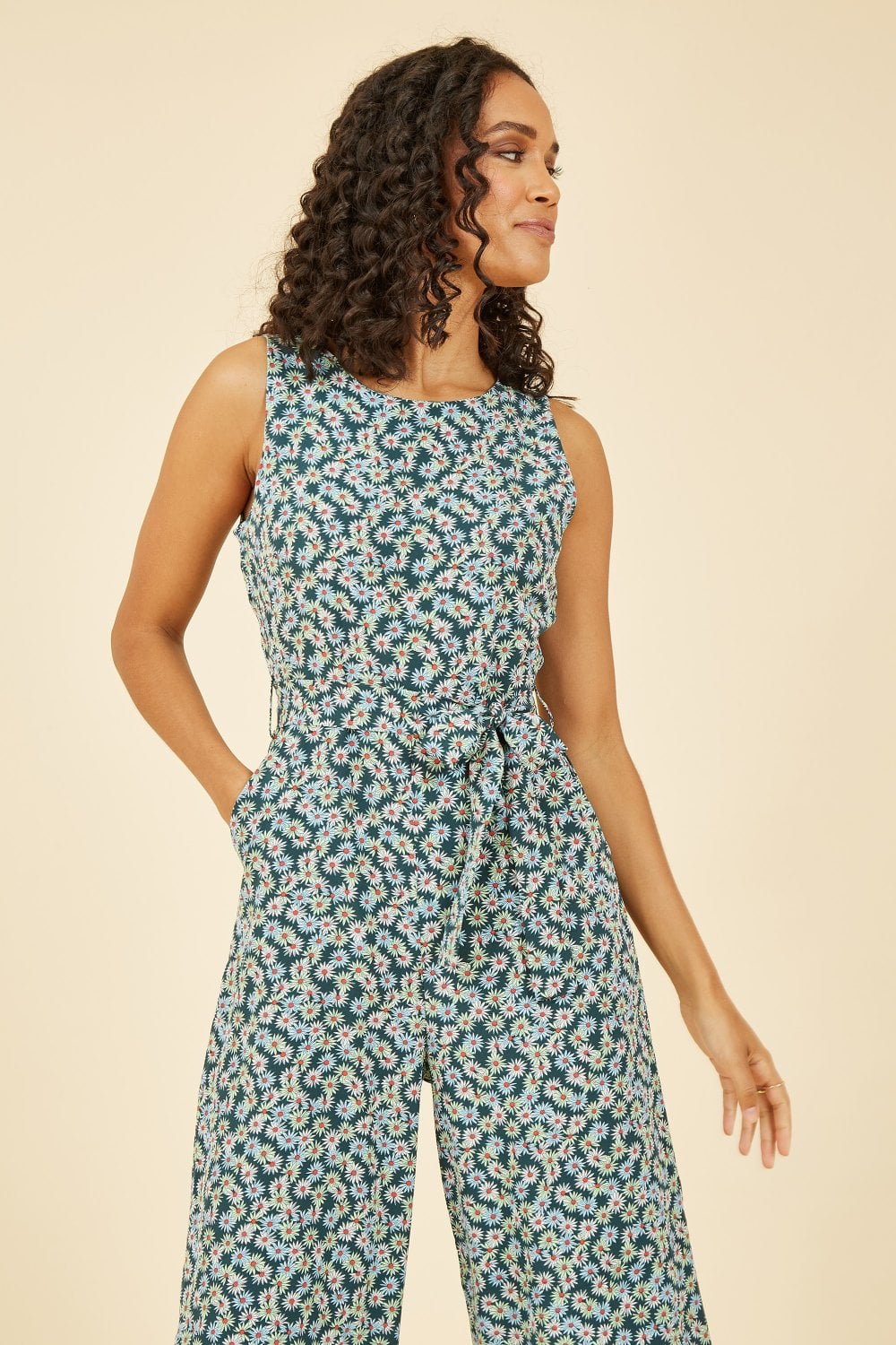 Mela Green Daisy Floral Print Culotte Jumpsuit Mela