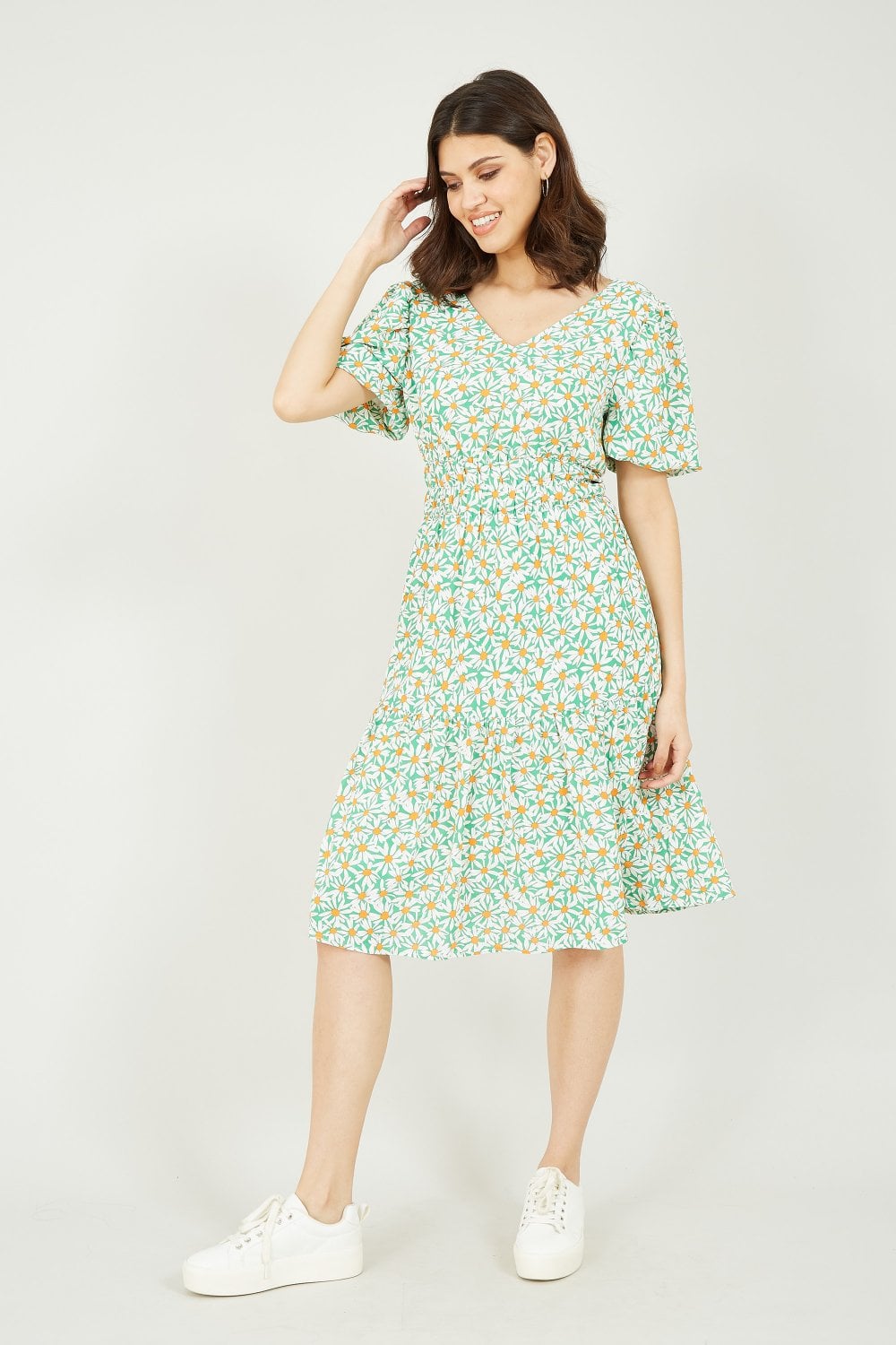 Mela Green Daisy Ruched Dress With Puff Sleeves Yumi