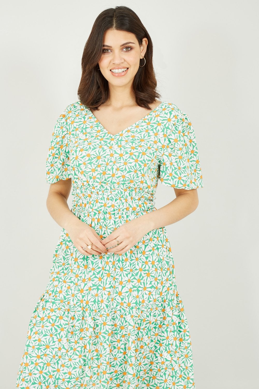 Mela Green Daisy Ruched Dress With Puff Sleeves Yumi