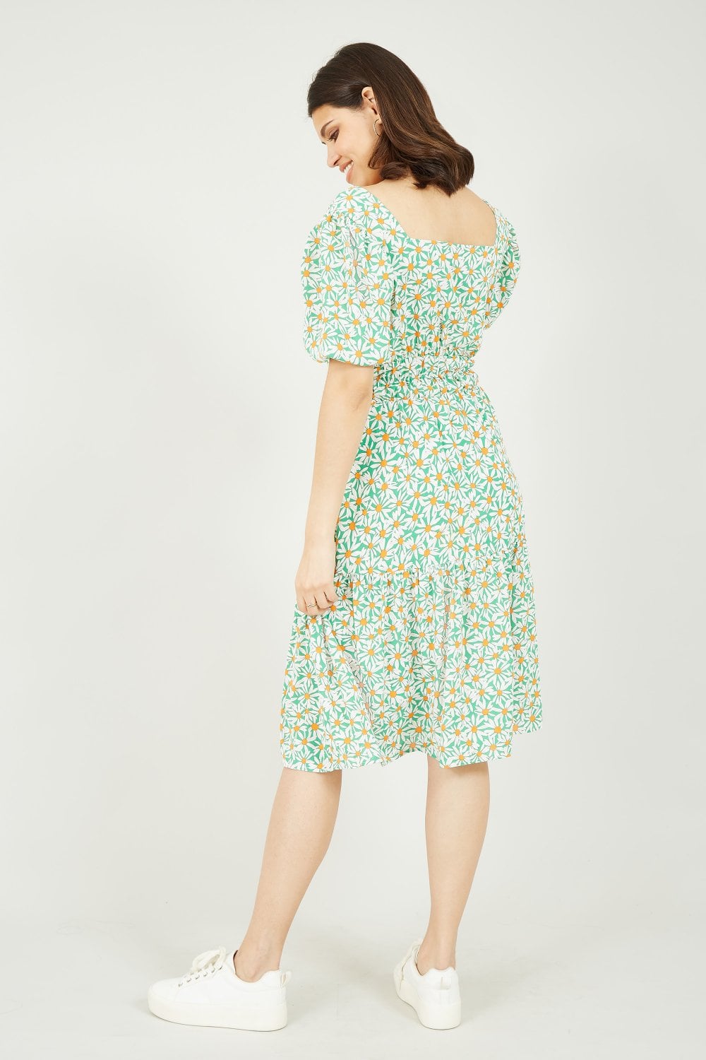 Mela Green Daisy Ruched Dress With Puff Sleeves Yumi