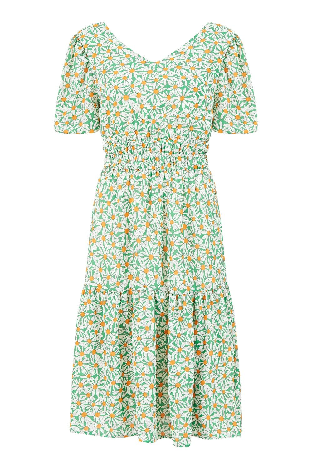 Mela Green Daisy Ruched Dress With Puff Sleeves Yumi