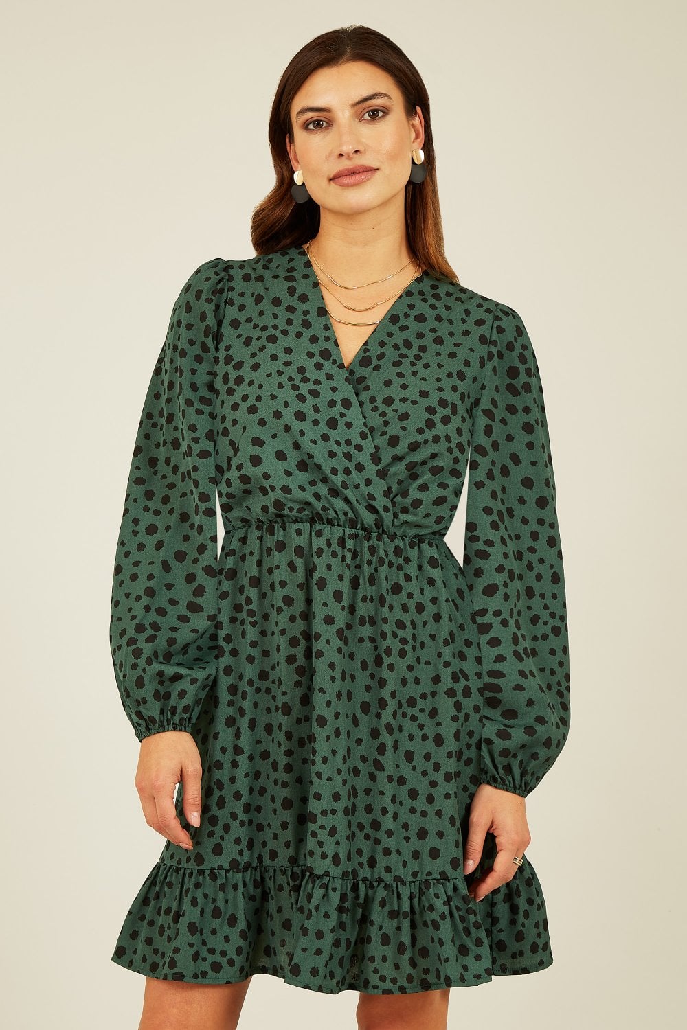 Mela Green Dalmatian Print Long Sleeve Wrap Over Midi Dress Mela