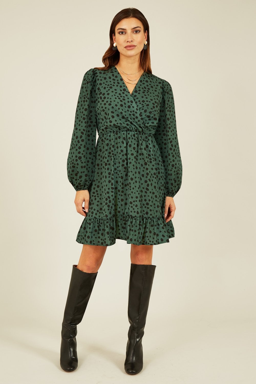 Mela Green Dalmatian Print Long Sleeve Wrap Over Midi Dress Mela