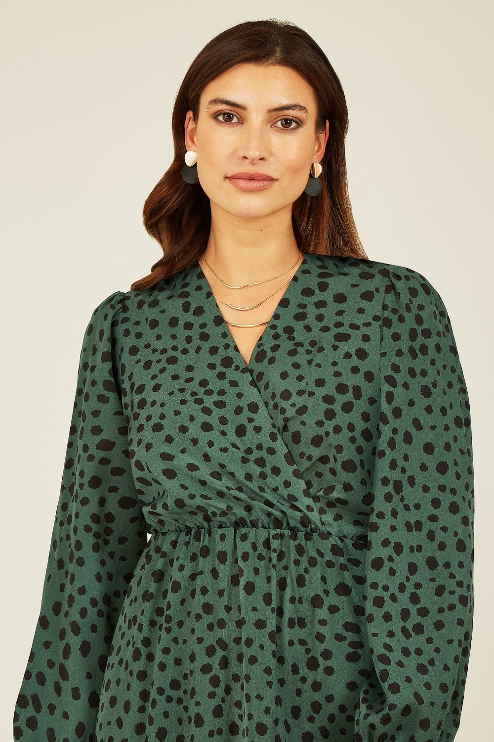 Mela Green Dalmatian Print Long Sleeve Wrap Over Midi Dress Mela