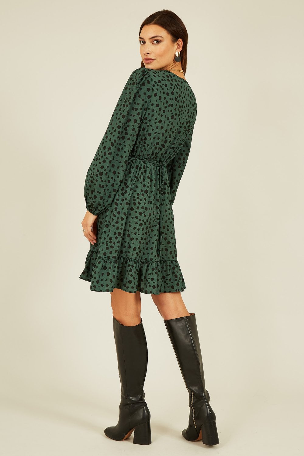 Mela Green Dalmatian Print Long Sleeve Wrap Over Midi Dress Mela