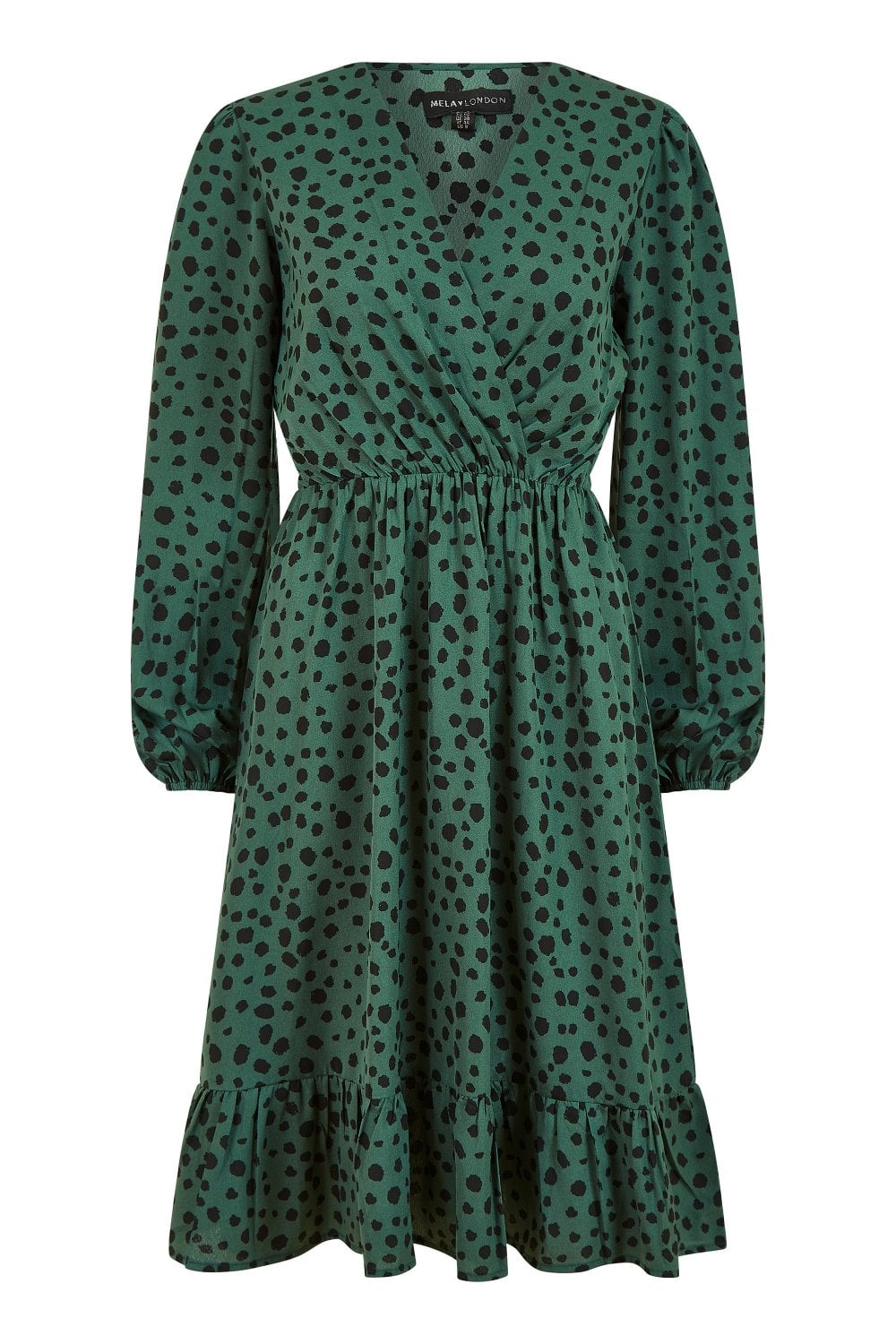 Mela Green Dalmatian Print Long Sleeve Wrap Over Midi Dress Mela