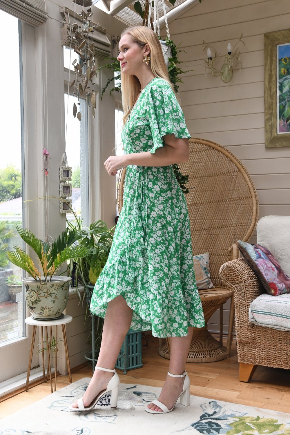 Mela Green Ditsy Daisy Wrap Effect Frill Dress Yumi