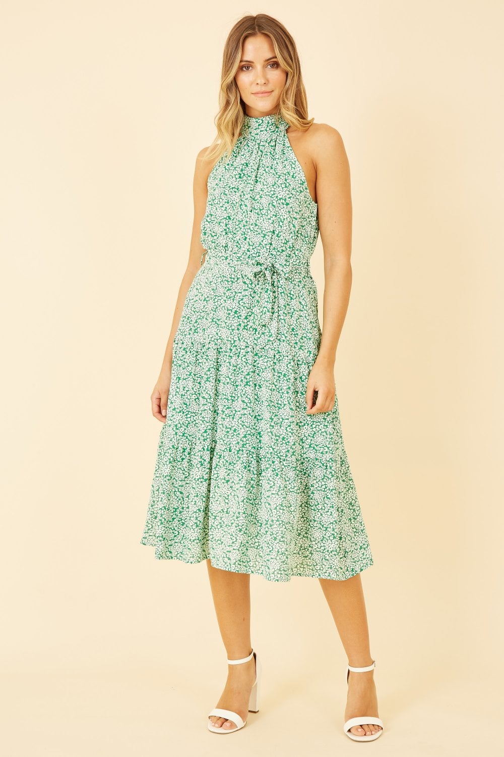 Mela Green Ditsy Floral Halter Neck Midi Dress Mela