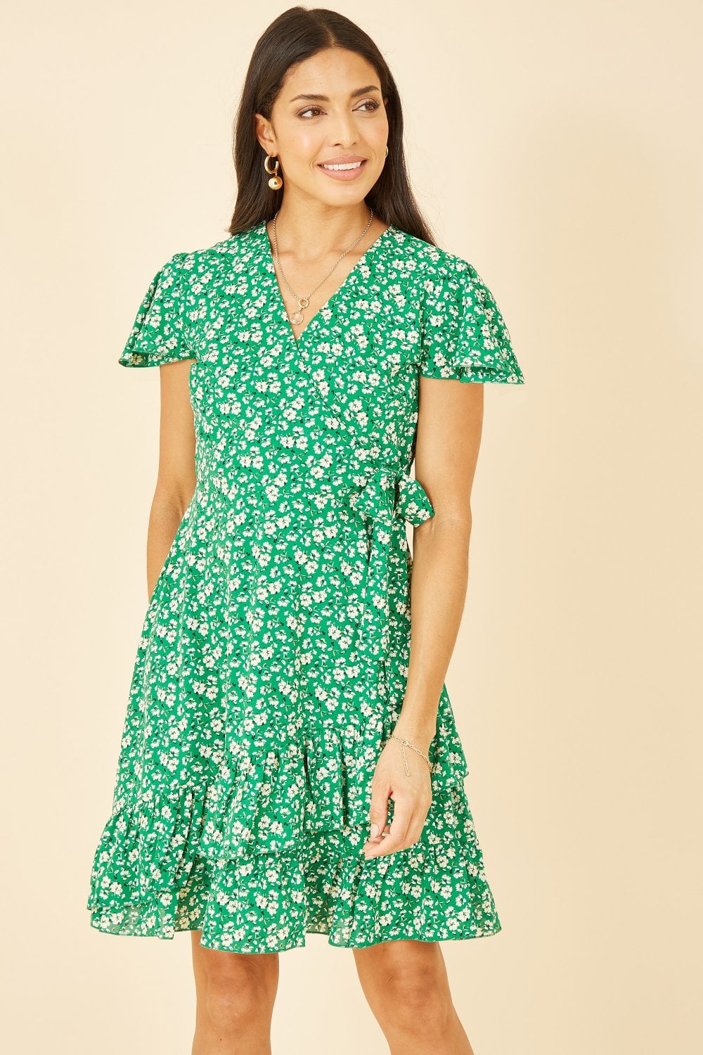 Mela Green Ditsy Floral Wrap Frill Dress Mela