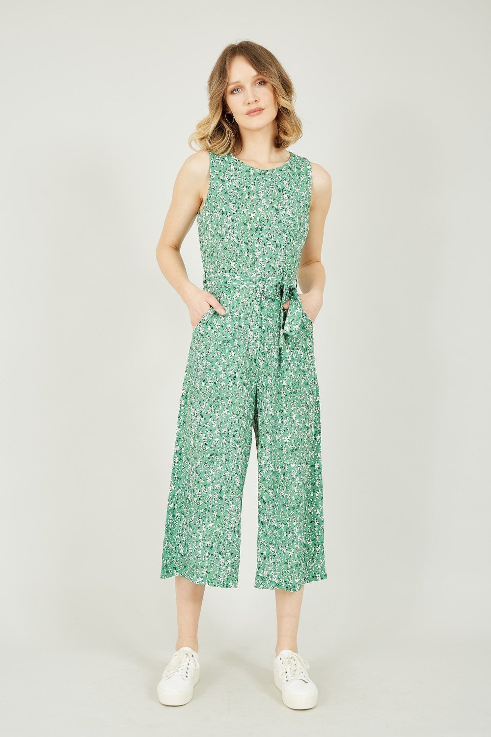 Mela Green Ditsy Flower Sleeveless Culotte Jumpsuit Mela