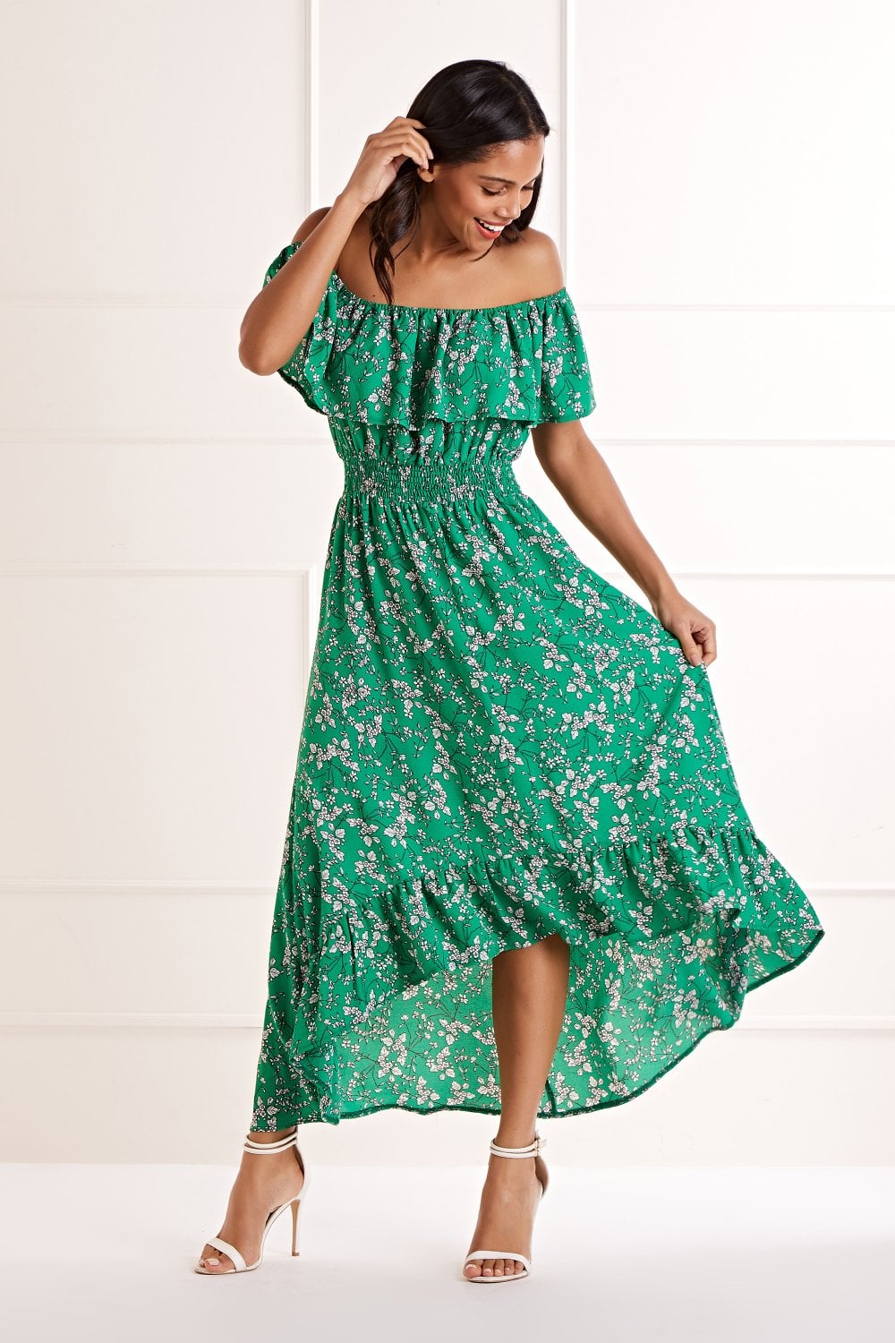 Mela Green Ditsy Print Bardot Dipped Hem Dress Mela