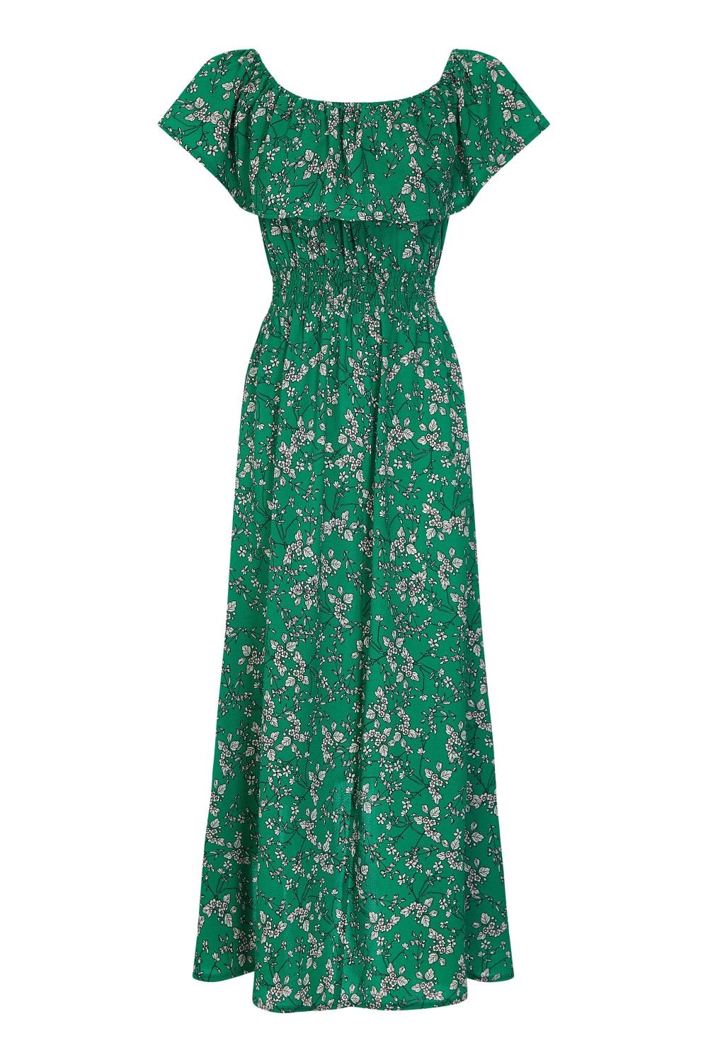 Mela Green Ditsy Print Bardot Dipped Hem Dress Mela