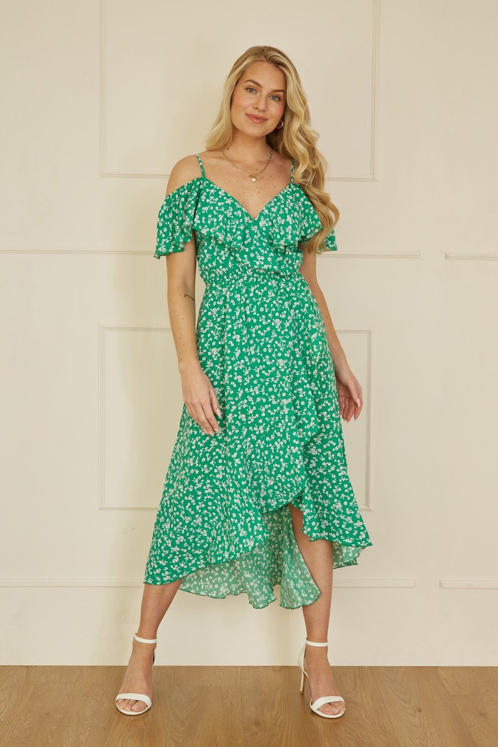 Mela Green Ditsy Print Bardot Midi Dress With Dip Hem Mela