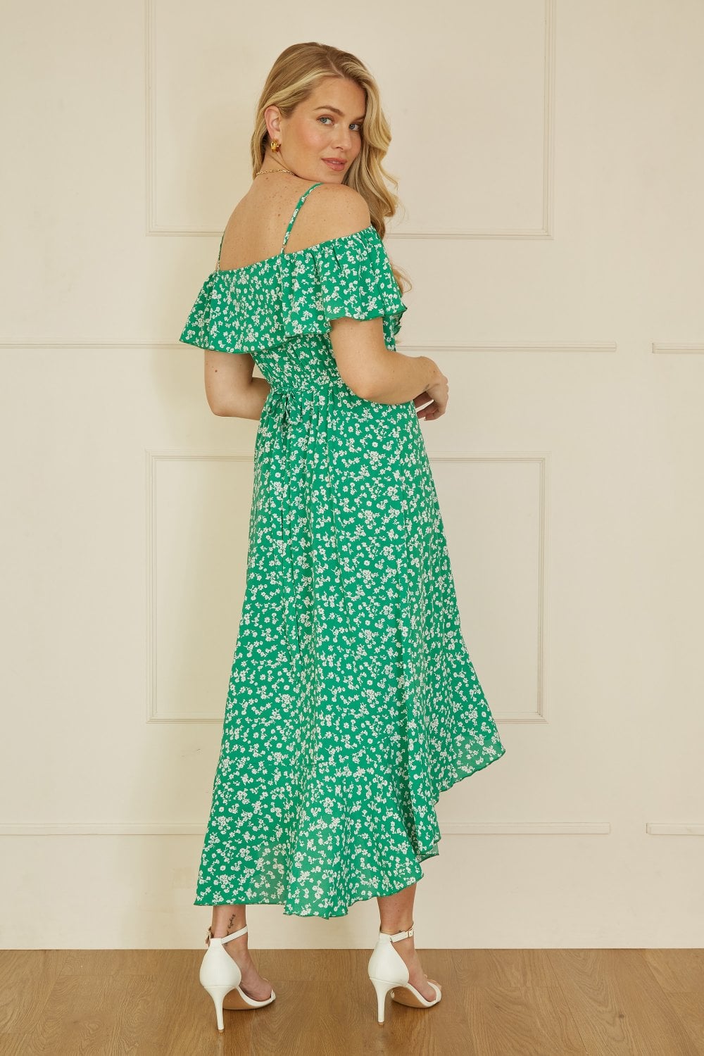 Mela Green Ditsy Print Bardot Midi Dress With Dip Hem Mela