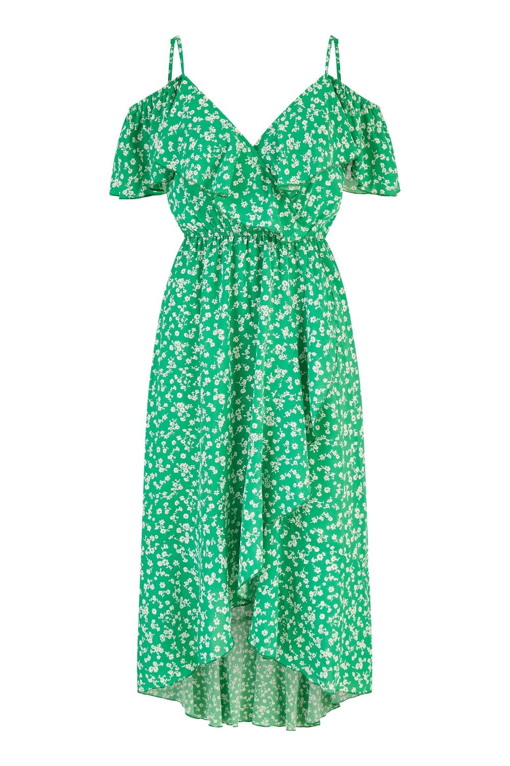 Mela Green Ditsy Print Bardot Midi Dress With Dip Hem Mela