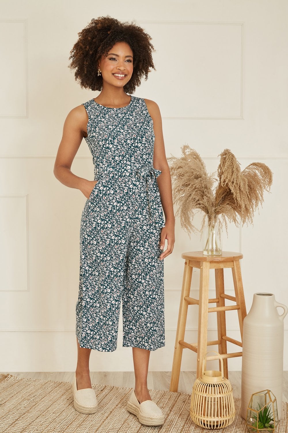 Mela Green Ditsy Print Culotte Jumpsuit Mela