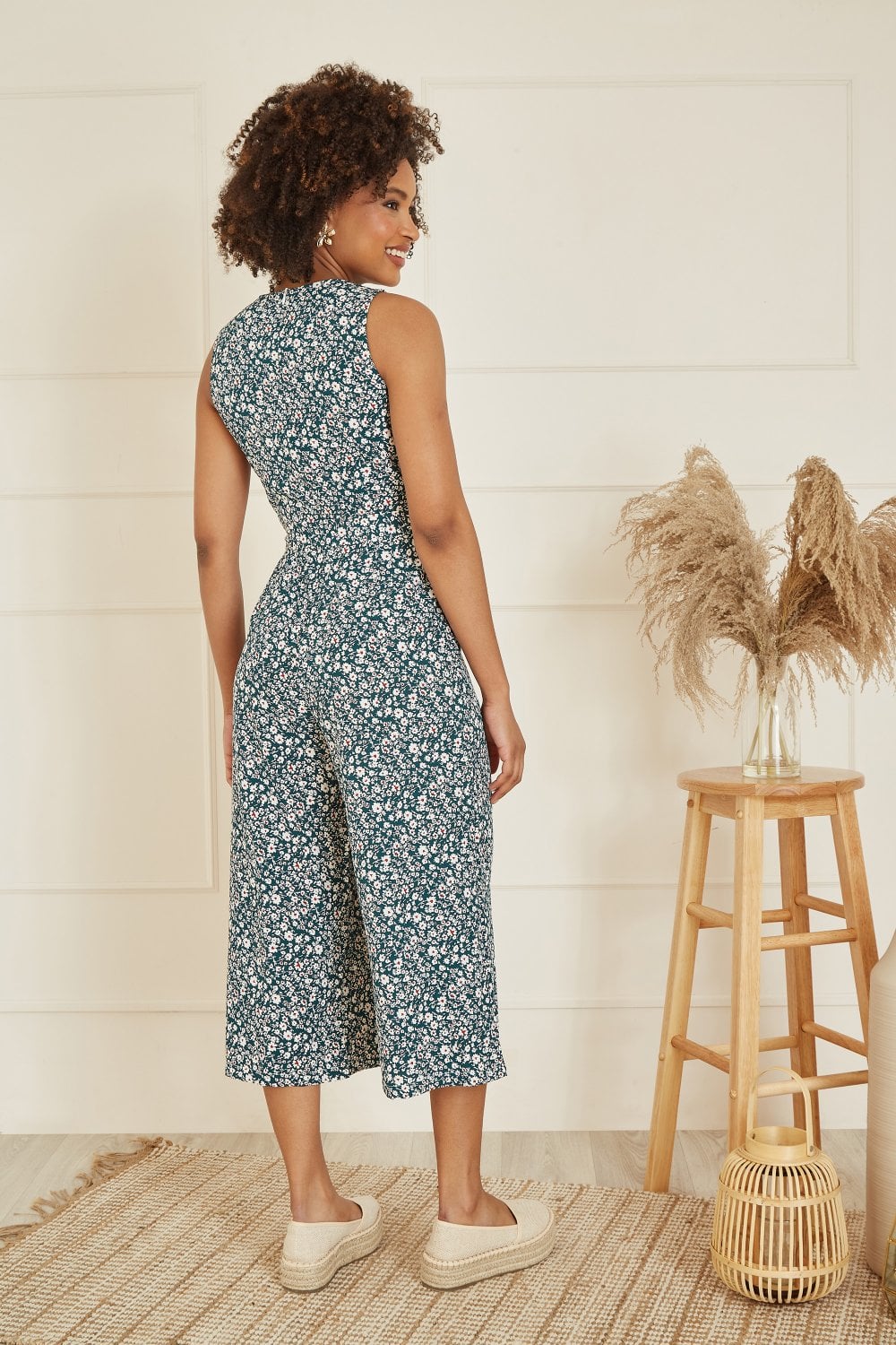 Mela Green Ditsy Print Culotte Jumpsuit Mela