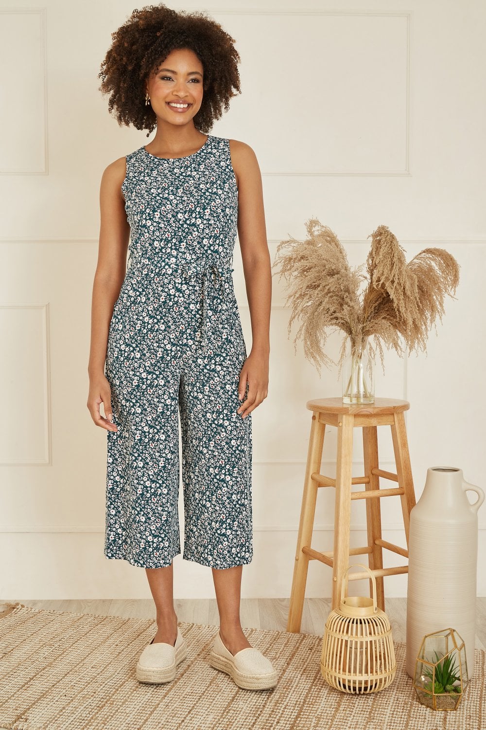 Mela Green Ditsy Print Culotte Jumpsuit Mela